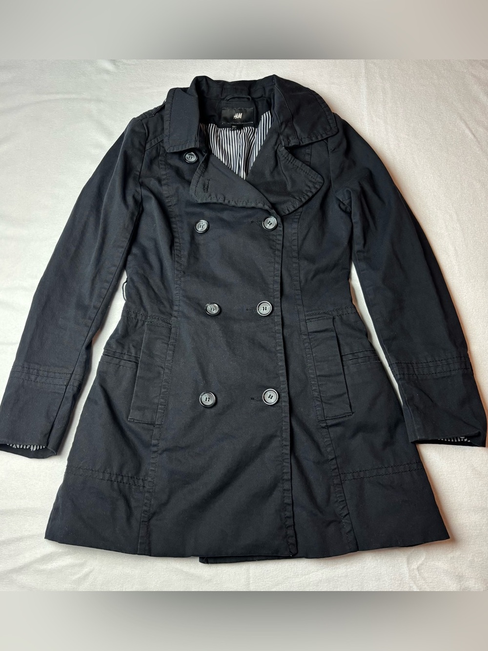 H&M Black Button-Up Belted Trench Over Coat Women's Size 8